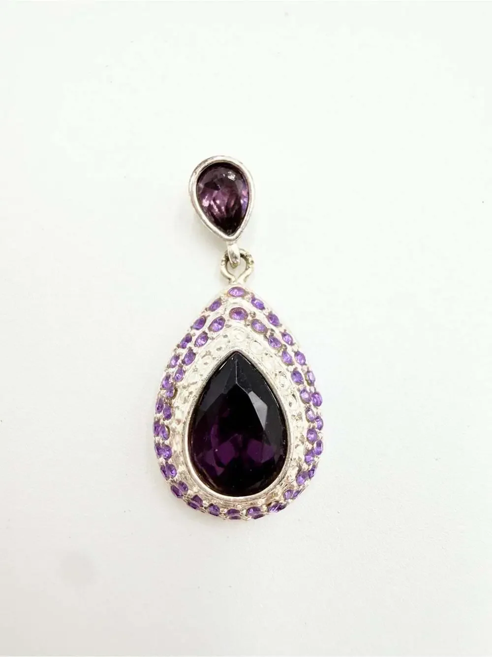NRT Purple Teardrop Crystal Pendant Silver Tone Signed